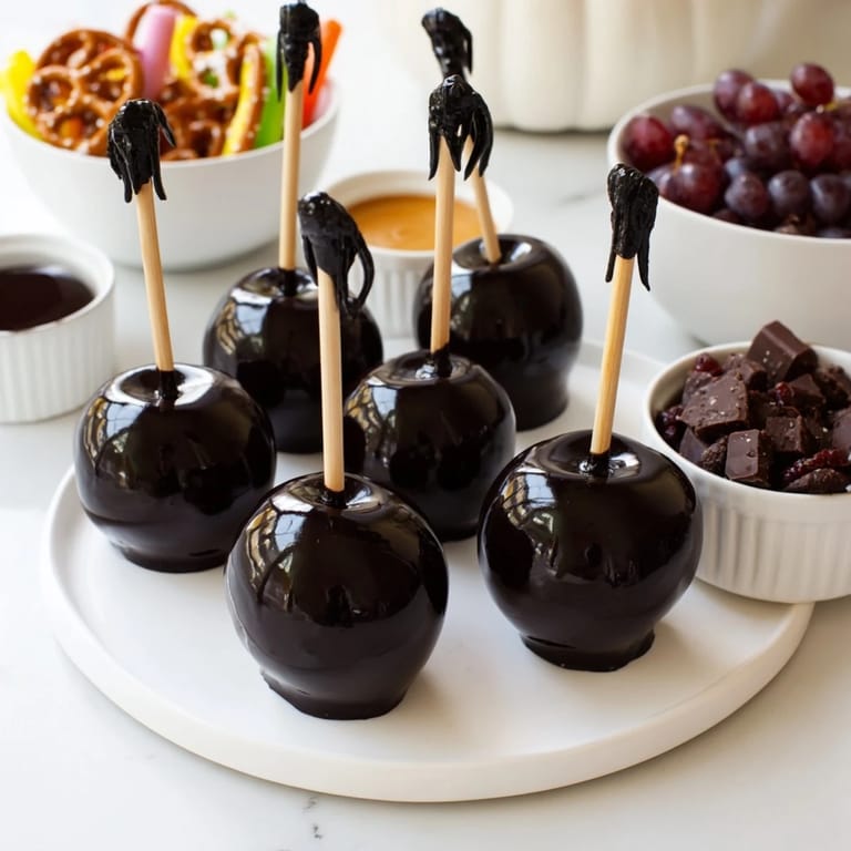 Close-up of a Poison Apple Halloween Treat Board featuring gleaming, dark apples surrounded by festive sweets.