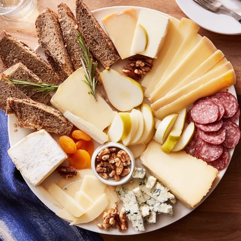 This Winter Mountain Cheese Platter features rustic cheeses, cured meats, and sweet, tangy accompaniments.
