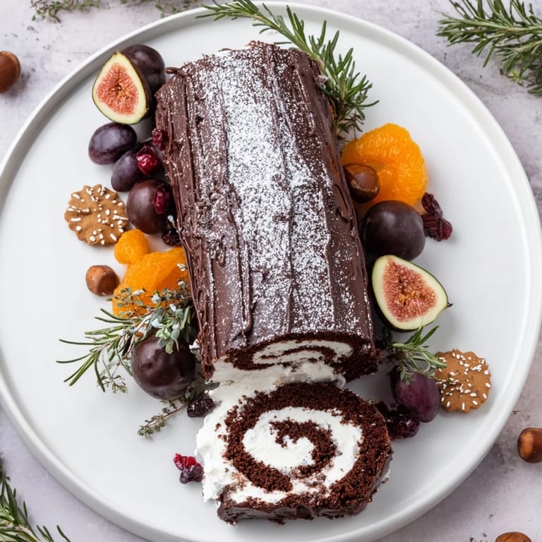 This inviting Winter Warmer recipe board showcases the chocolate roulade and seasonal flavors in detail.