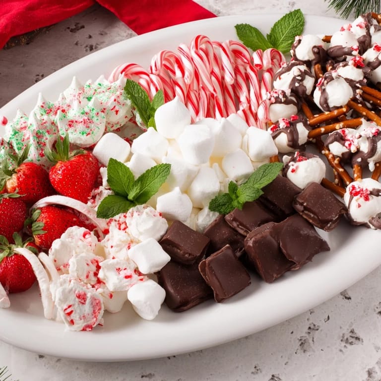 Vibrant Candy Cane Dessert Platter: a sweet visual of peppermint bark and chocolate-covered pretzels.