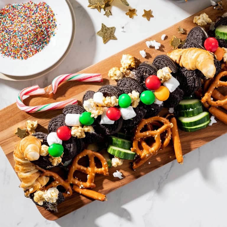 Deliciously arranged Polar Express Train Treat Board, inviting you to grab a snack from this festive platter.