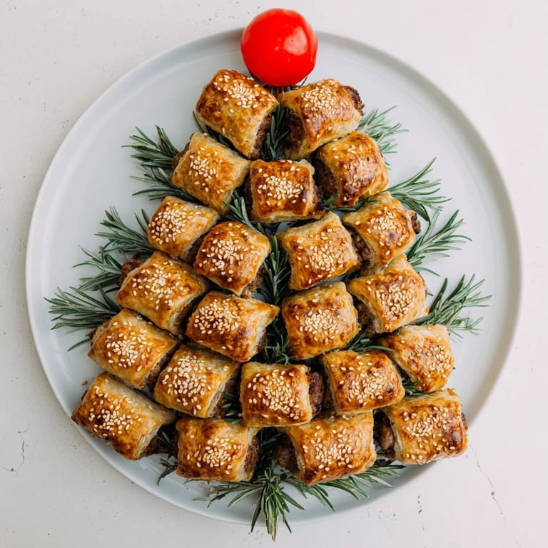 Freshly baked mini sausage rolls arranged like a festive tree, ready to serve with honey mustard dipping sauce.