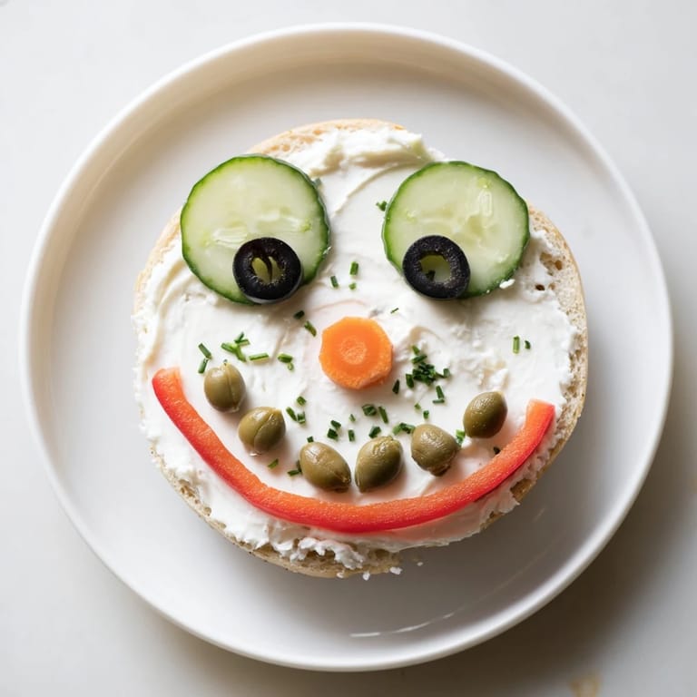 Festive snowman mini bagel sandwiches with cream cheese, vegetables, and creative touches, perfect kid-friendly snack.