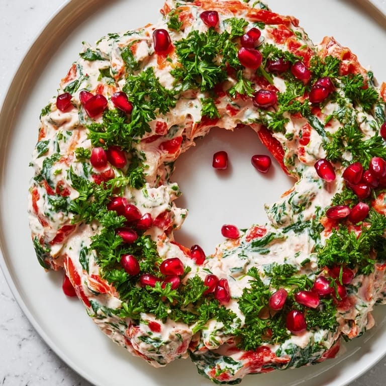 Savory red pepper and spinach dip wreath, served with crackers, is a flavorful and impressive appetizer.