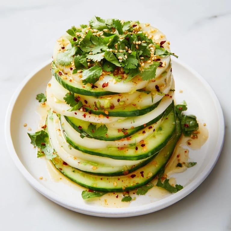 Vibrant plate of jicama and cucumber stacks, drizzled with lime dressing; a cool, refreshing summer dish.