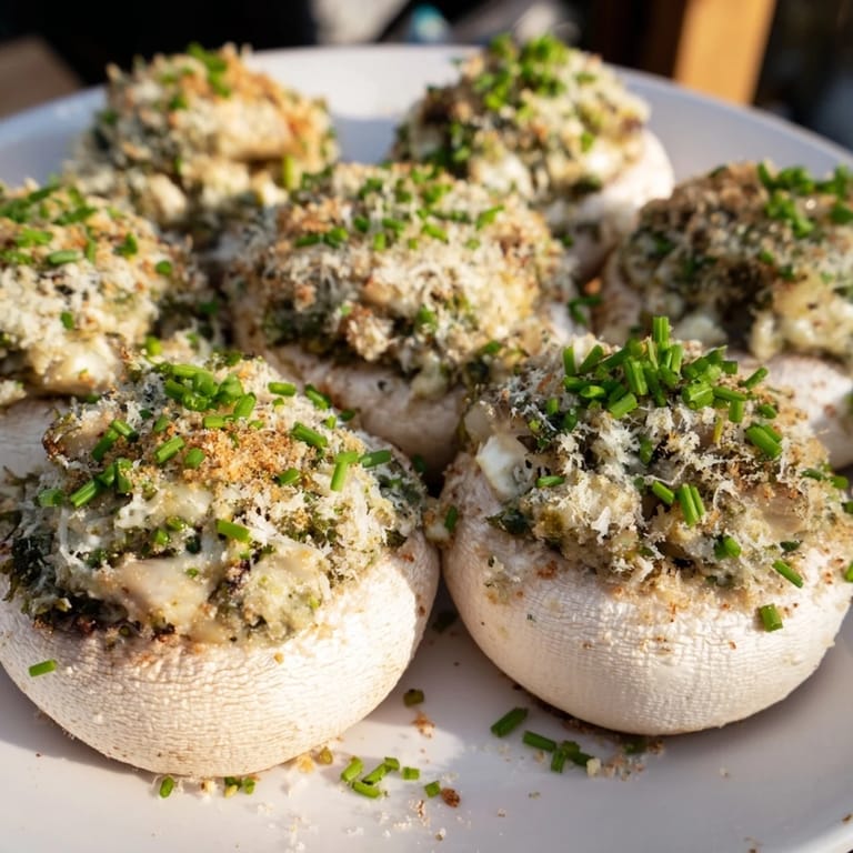 Close-up of baked Stuffed Mushroom Caps, offering a fantastic appetizer with breadcrumb topping.