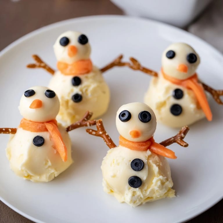 Festive Melted Snowman Cheese Bites appetizer, ready to serve with crackers, features fun black olive details.