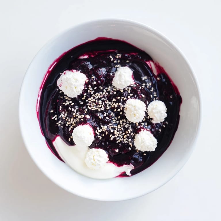 Imagine a stunning Galaxy Spiral: cool yogurt, swirled berry jam, seed stars, with goat cheese.