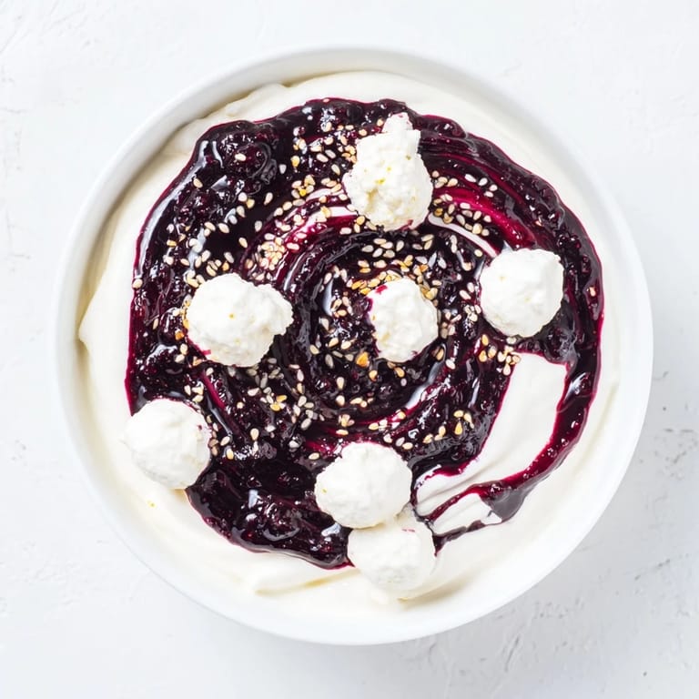 Creamy Galaxy Spiral dessert served, featuring dark jam spirals, studded with sesame "stars," and goat cheese.