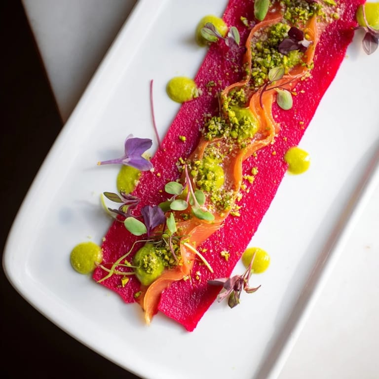 Vibrant image shows The Modernist Stripe, a cool vegetarian dish with artistic purées and eye-catching garnishes.