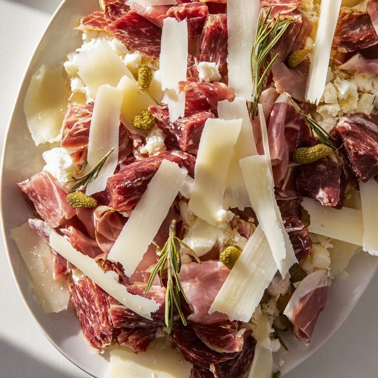 This beautiful Burlap & Lace platter showcases cured meats, with shaved cheeses and garnishes ready to serve.