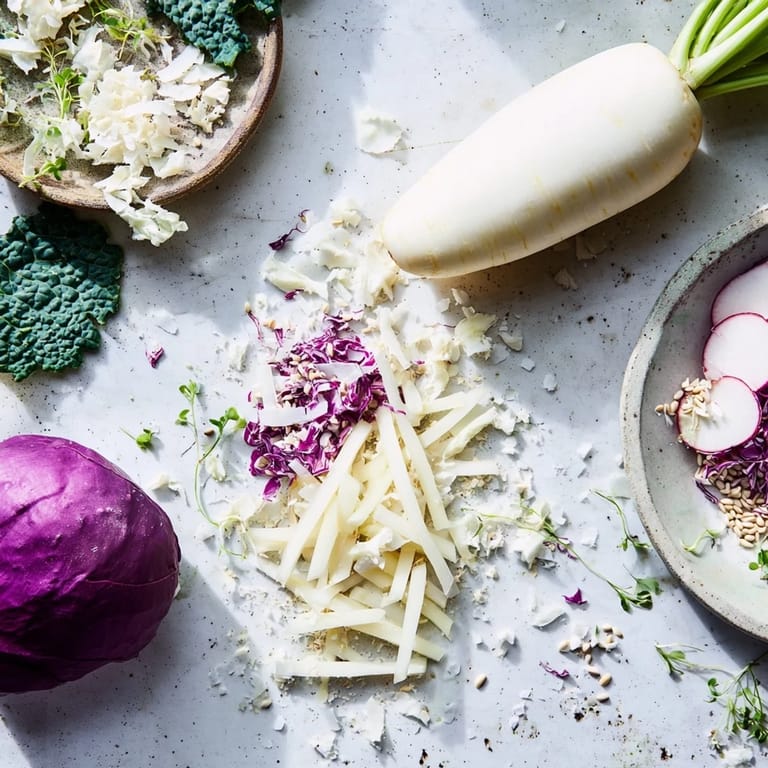 Chilled stone plate showcasing The Tundra Trek, beautifully scattered vegetables with a light dressing.
