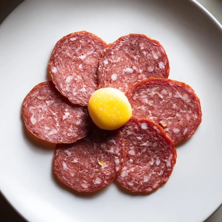 Crisp salami petals create a beautiful Tudor Rose appetizer, perfect for your next gathering with tasty cheese.