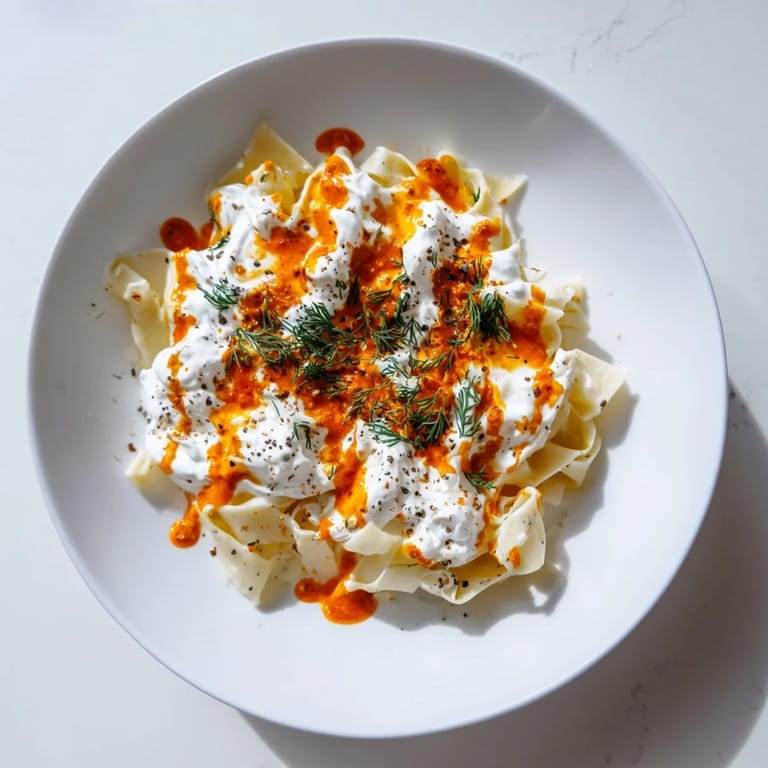 Bright, flavorful Turkish Pasta, ready to serve, features garlic yogurt and spicy paprika topping.
