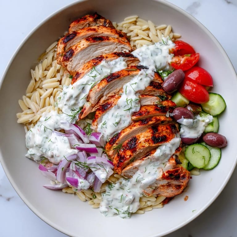 A colorful photo showcases flavorful Greek Chicken Gyro Pasta Bowls with chopped vegetables and herbs.