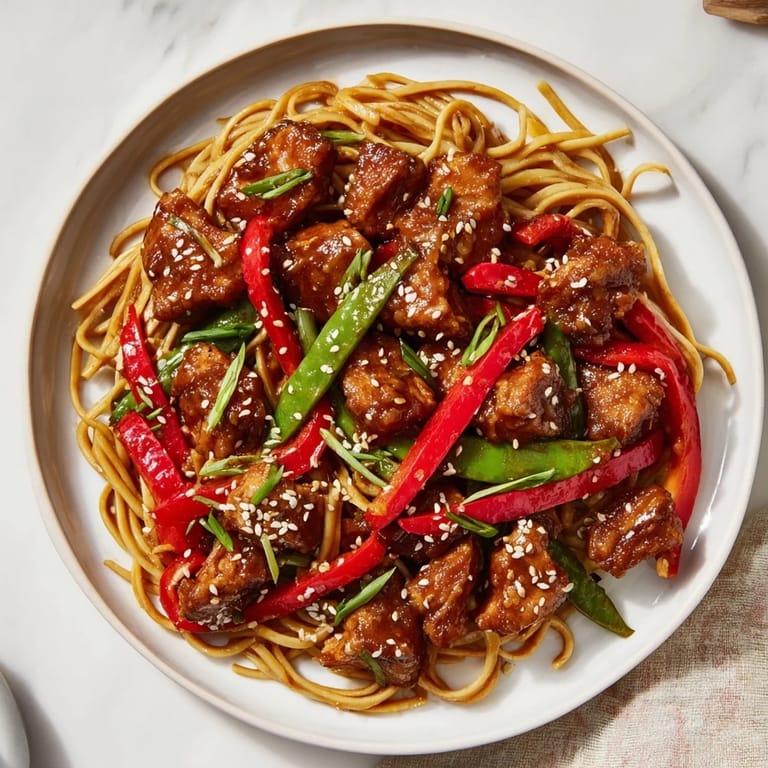 Savory Sesame Hoisin Ground Chicken Pasta with glistening sauce and fragrant aromas, ready to eat.