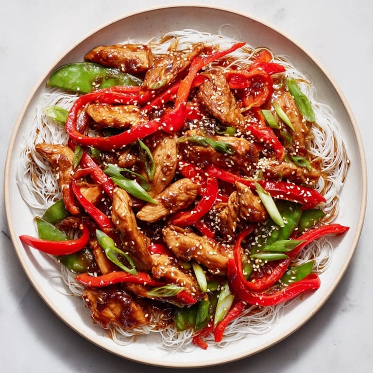 A close-up of a steaming bowl of Mongolian chicken, offering a tasty fusion meal experience with noodles.