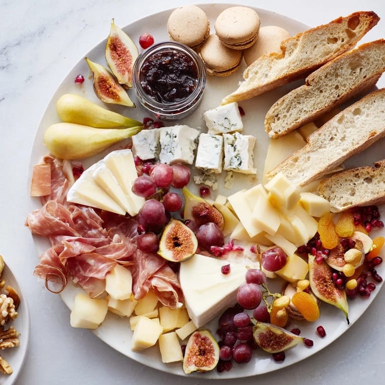 A beautifully arranged Moments Magiques Plateau Bonne Année 2026, featuring cheeses, meats and sweet treats.