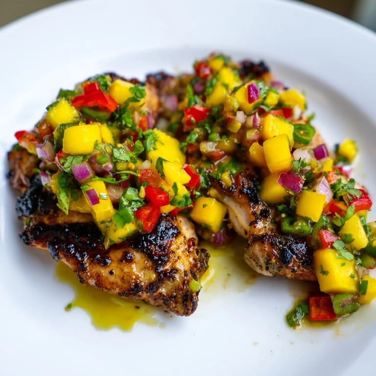 A close-up of grilled Mango Salsa Chicken, bursting with fresh mango and vibrant peppers.
