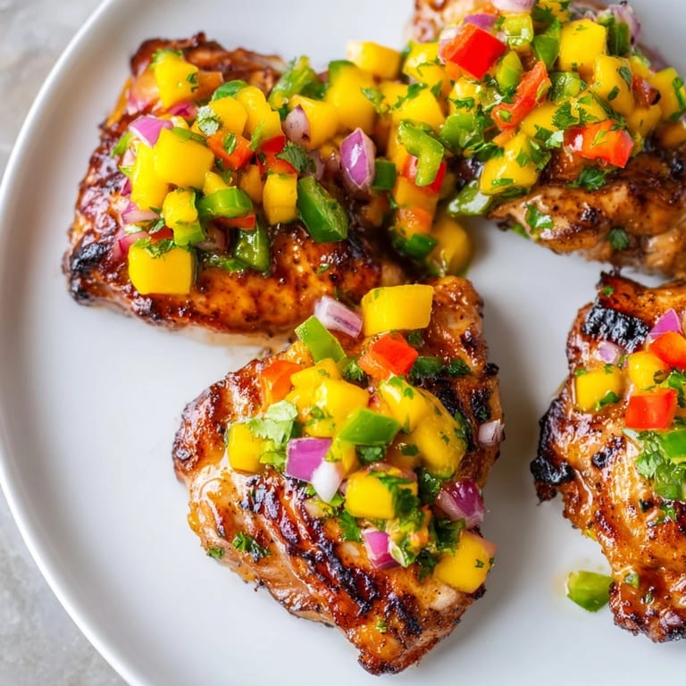 Enjoy this flavorful, gluten-free Grilled Mango Salsa Chicken served with coconut rice.