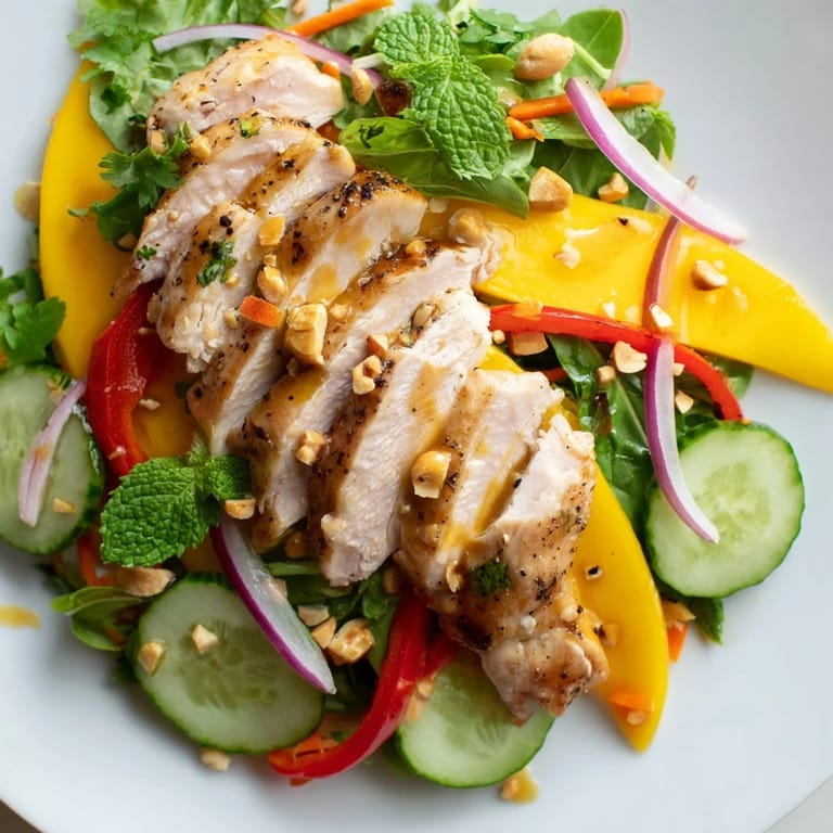 A flavorful Thai Mango Chicken Salad, featuring fresh herbs and a zesty lime-chili dressing.