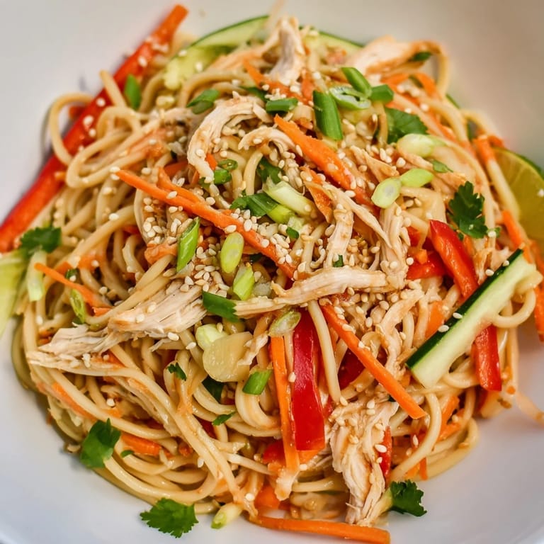 Savory sesame dressing coats the ingredients in this flavorful Chilled Chicken Noodle Salad recipe.