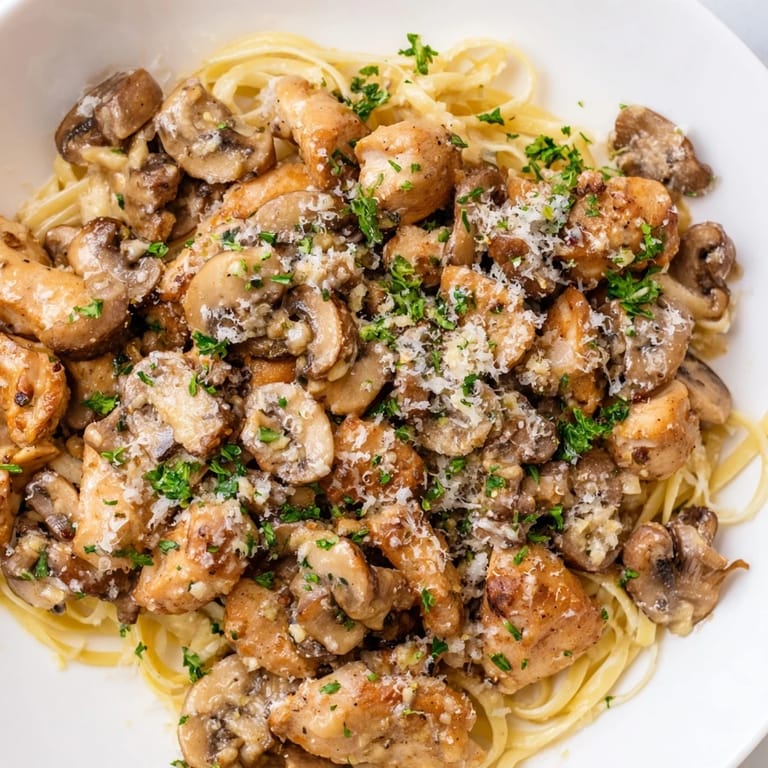 Perfectly plated Creamy Mushroom Chicken Pasta, a delightful Italian-American dish with fresh parsley garnishing.