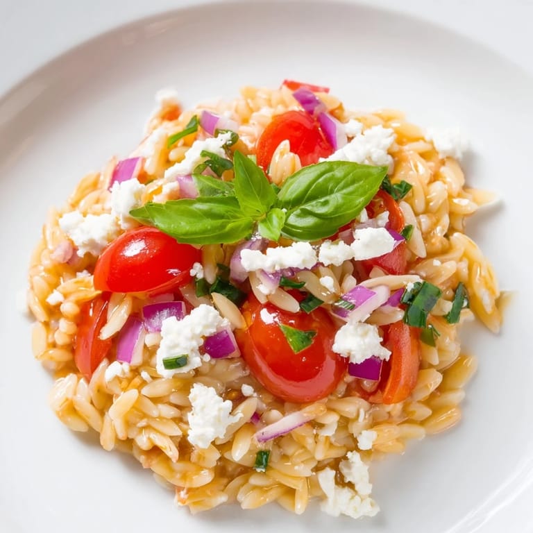 Refreshing chilled Tomato Feta Orzo salad; perfect for a vegetarian side dish at a summer picnic.