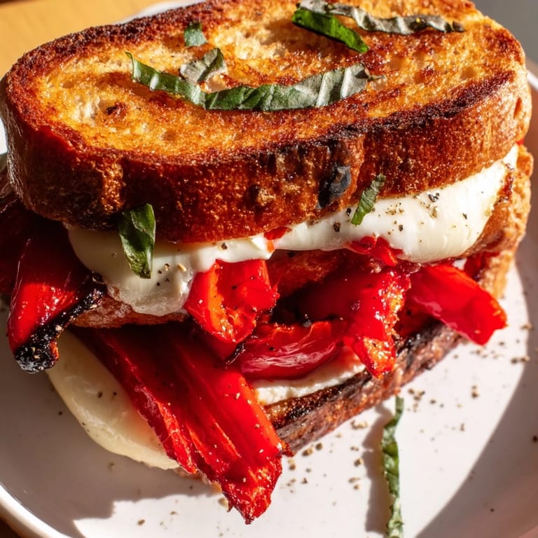 Mouthwatering close-up of a perfectly grilled Roasted Red Pepper Grilled Cheese, with visible textures.