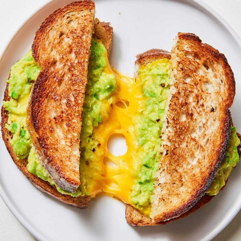 Perfectly toasted Avocado Toast Grilled Cheese, showcasing layers of creamy avocado and golden, bubbling cheese, ready to enjoy.