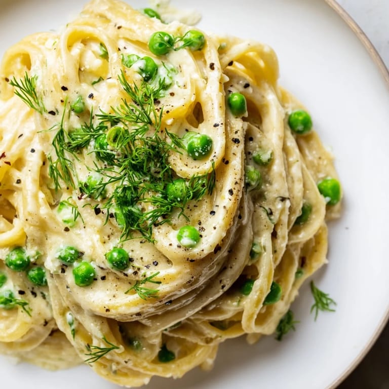 A close-up view of creamy Dill Pasta, brightened with lemon zest and fresh dill garnish.