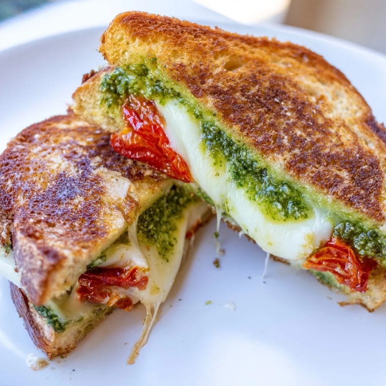 Close-up of a warm pesto grilled cheese, showing delicious cheese pull and toasted bread.