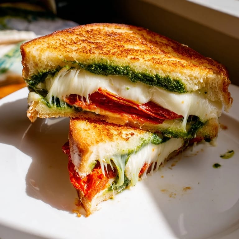 Melted mozzarella overflowing the edges of a perfect pesto grilled cheese sandwich ready to enjoy.