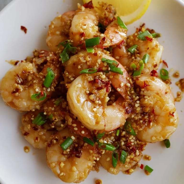 Plump, tender shrimp swimming in a savory, spicy Korean Garlic Butter Shrimp sauce with sesame seeds.