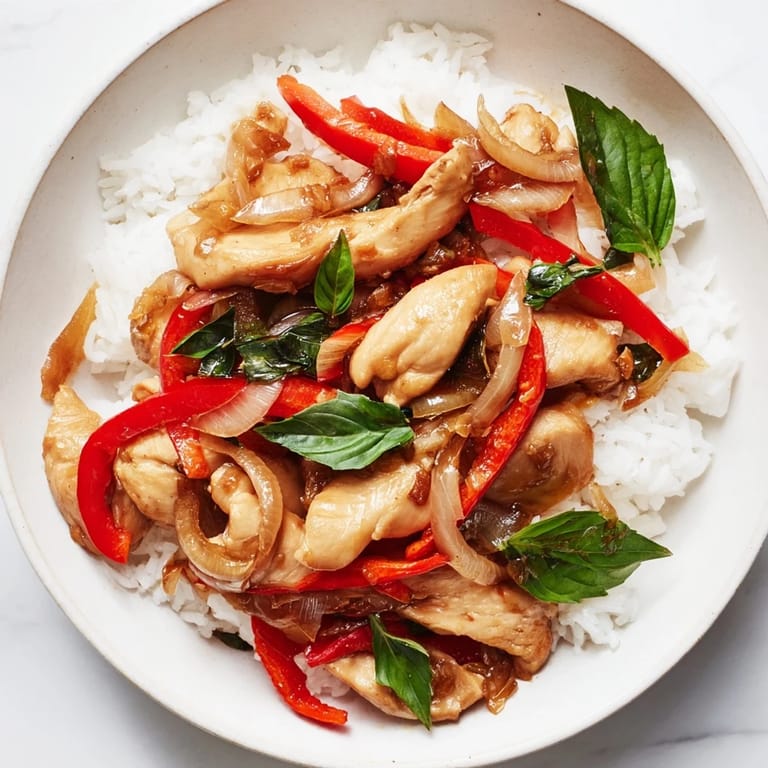 Close-up of a delicious and aromatic Thai Basil Chicken Bowl, ready to be enjoyed as a main dish.