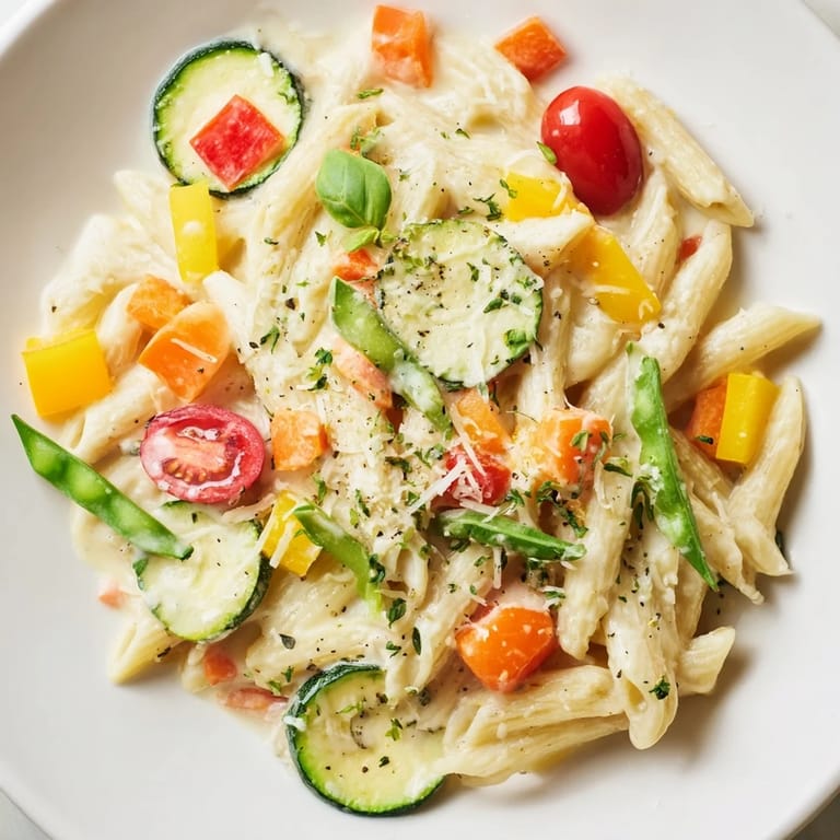 A steaming bowl of One-Pot Creamy Pasta Primavera, with Parmesan and fresh basil garnish, looks delicious.