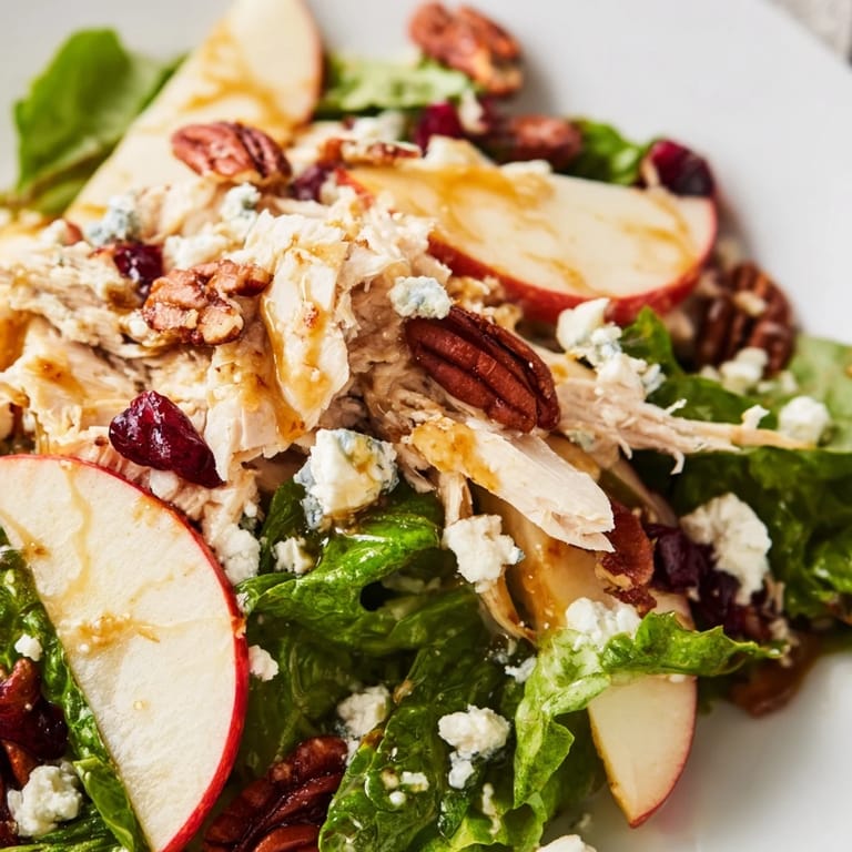 A close-up view of this Caramel Apple Chicken Salad shows glossy dressing coating leafy greens, dried cranberries, and toasted pecans for a sweet-savory bite.