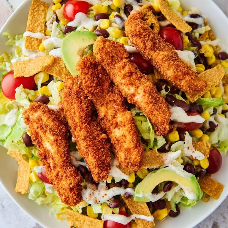 A plated Crispy Chicken Taco Salad drizzled with creamy salsa ranch, served with lime wedges for a zesty finish.