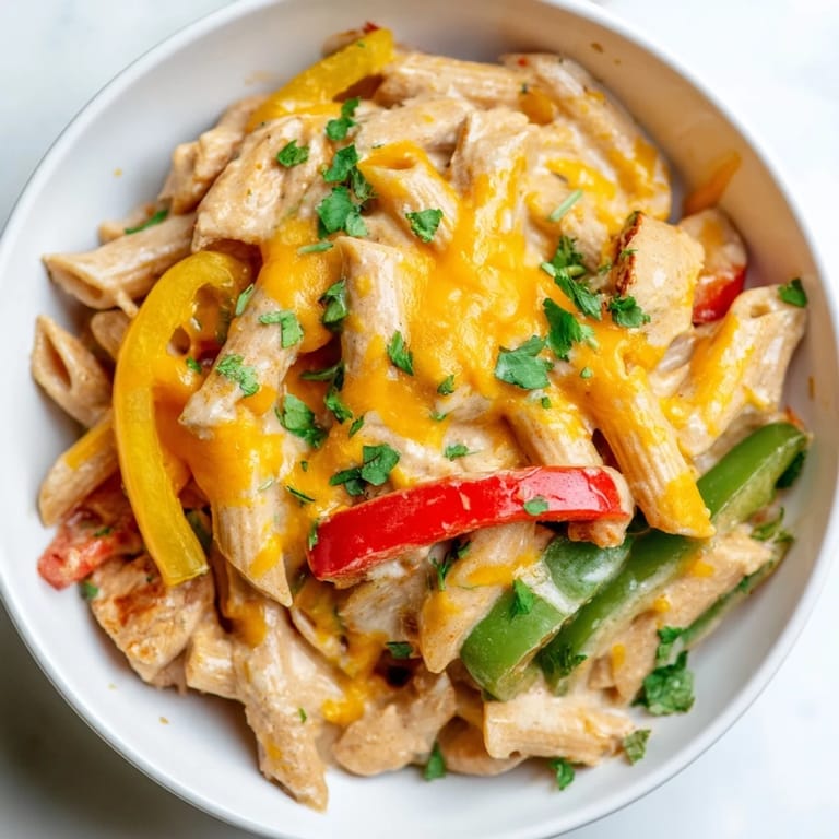 A close-up view of creamy Chicken Fajita Pasta Skillet topped with melted cheese and fresh cilantro garnish.