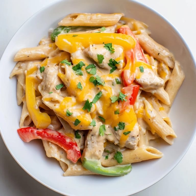 Serving suggestion for Chicken Fajita Pasta Skillet with lime wedges on the side and a rustic wooden spoon.