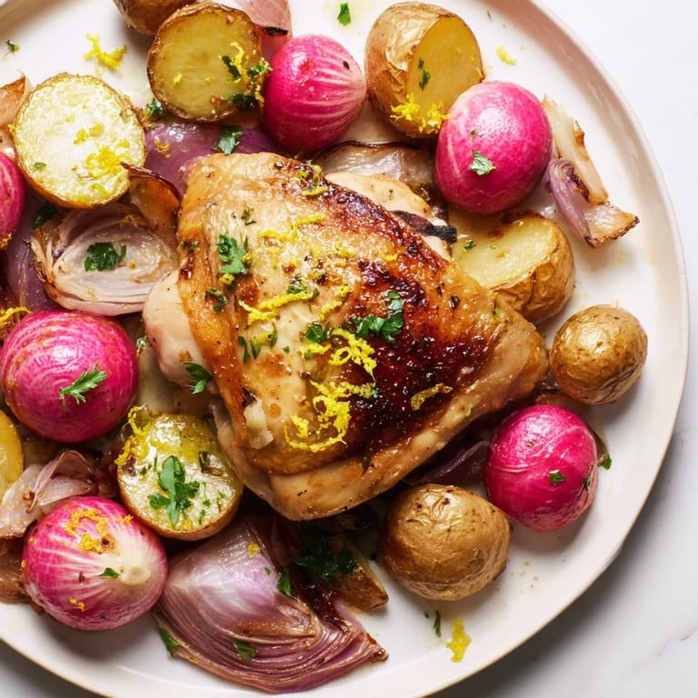 Juicy bone-in chicken thighs and sweet roasted radishes on a sheet pan, garnished with fresh parsley and lemon zest.