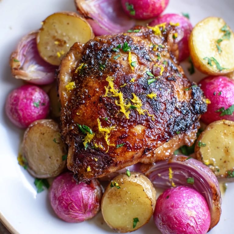 Roasted Radish & Chicken Sheet Pan dinner with tender potatoes and lemony pan juices, ready to serve for four.