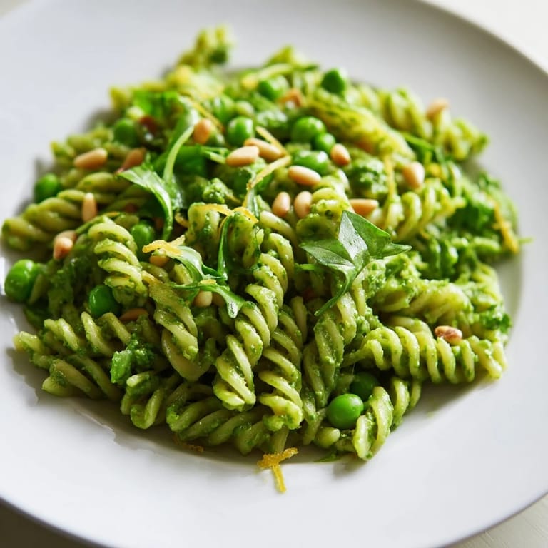 Freshly made Spring Green Pesto Pasta Salad served in a white bowl, garnished with toasted pine nuts and lemon zest for a spring picnic.