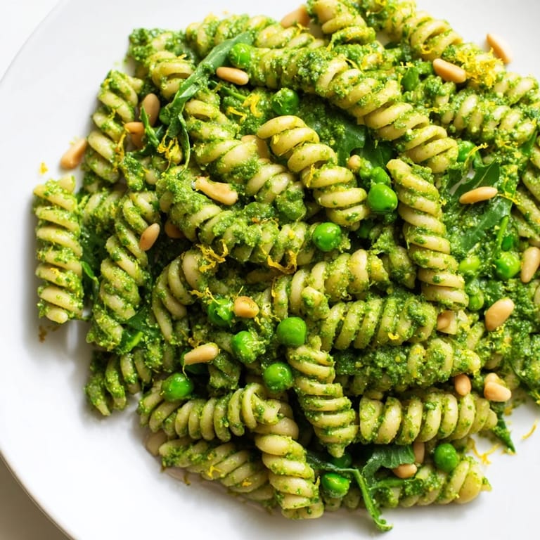 Tossed Spring Green Pesto Pasta Salad on a rustic wooden table, with vibrant arugula, peas, and crumbled feta for a refreshing vegetarian meal.