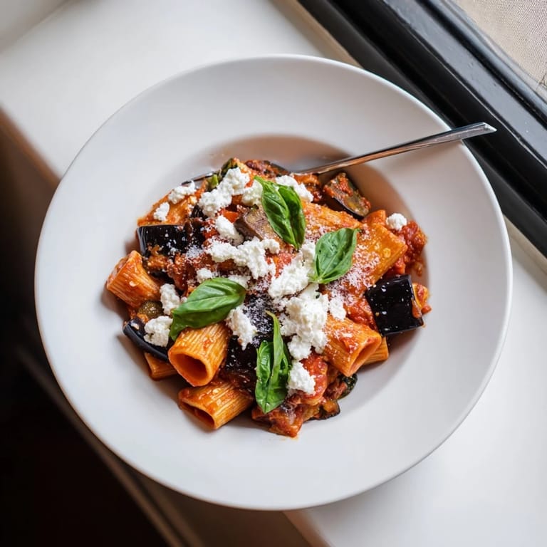 A hearty bowl of Pasta Alla Norma features tender eggplant, al dente pasta, and a rich tomato sauce, topped with grated ricotta salata and fresh basil.