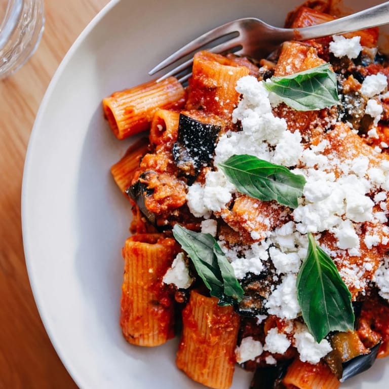 Close-up of Sicilian Pasta Alla Norma showcasing roasted eggplant, saucy rigatoni, and a sprinkle of ricotta salata, ready to be served for a vegetarian dinner.