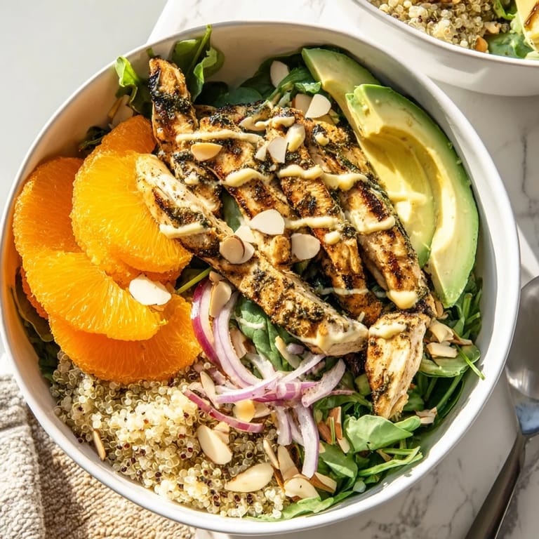 A fresh, gluten-free lunch idea featuring juicy marinated chicken and creamy avocado over quinoa with zesty dressing.  