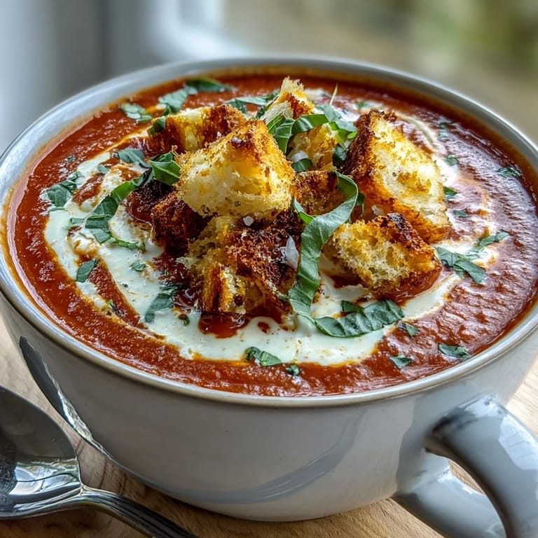 Rich and velvety roasted tomato soup topped with fresh basil and crisp bread cubes, ready for a cozy lunch.