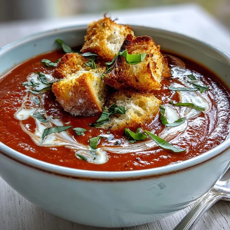 A bowl of creamy roasted tomato soup with a swirl of heavy cream, served alongside golden oregano croutons.
