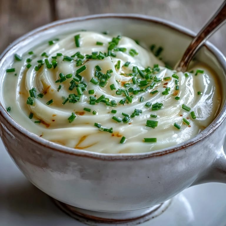 Creamy potato leek soup served hot in a rustic bowl, topped with fresh chives and a drizzle of olive oil.